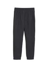 Dunkelgraue Jogginghosen aus weichem, leichtem Stoff. Sie verfügen über einen elastischen Bund und geraffte Bündchen an den Knöcheln für einen lässigen Sitz.