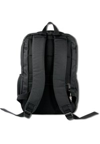 Sac à dos noir avec des bretelles rembourrées, un dos en maille et une fermeture à glissière. Dispose d'une poche latérale et d'un petit tirette décorative.