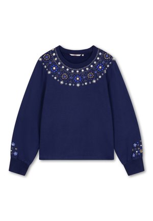 Marineblauwe sweatshirt met lange mouwen, versierd met decoratieve bloemenversieringen in blauw, goud en zilver rond de halslijn en op de mouwen.