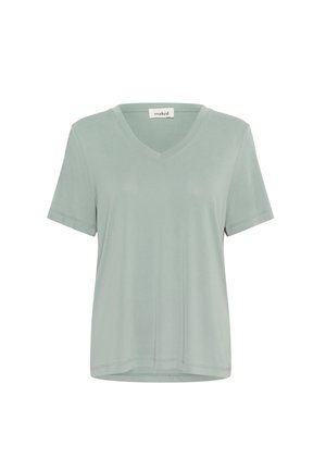 Short-sleeve, V-neck T-shirt in light mint green. Made of soft fabric with a subtle sheen, featuring minimal stitching details.