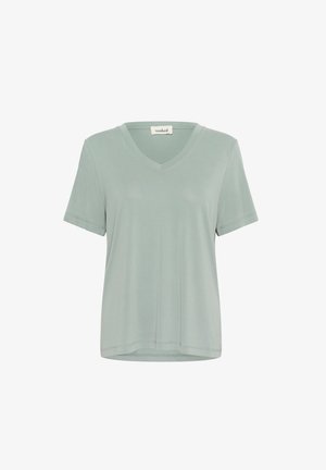 Short-sleeve, V-neck T-shirt in light mint green. Made of soft fabric with a subtle sheen, featuring minimal stitching details.