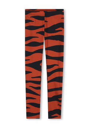 Legginsy z wzorem tygrysich pasków w pomarańczowym i czarnym kolorze, ułożone na płasko, widok z przodu bez dodatkowych elementów czy szczegółów tła.