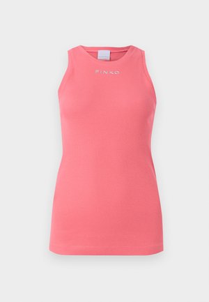 Medvilninė rožinė be rankovių maikutė su apvaliu iškirpimu, kurioje yra mažas baltas "PINKO" logotipas, esantis krūtinės centre.