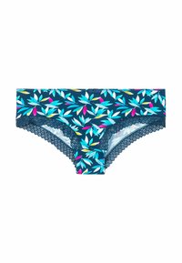 Culottes à motif floral avec une base marine, ornées de feuilles turquoise et roses. La dentelle le long des bords ajoute de la texture et du détail.