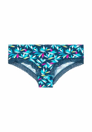 Culottes à motif floral avec une base marine, ornées de feuilles turquoise et roses. La dentelle le long des bords ajoute de la texture et du détail.