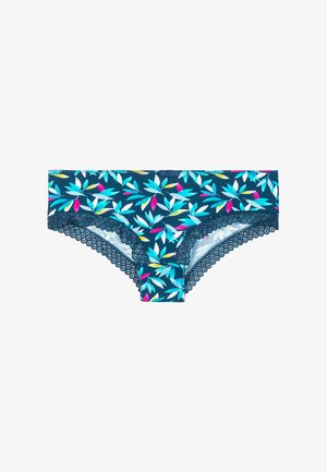 Culottes à motif floral avec une base marine, ornées de feuilles turquoise et roses. La dentelle le long des bords ajoute de la texture et du détail.