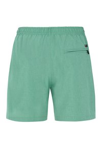 Pantaloni corti verde chiaro con vita elasticizzata, una tasca laterale con zip e una texture liscia. Nessun motivo o ulteriore dettaglio.