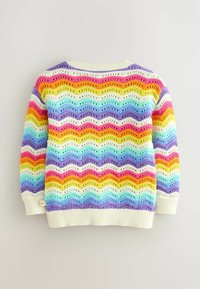 Maglione all'uncinetto multicolore con un motivo ondulato in tonalità pastello di rosa, giallo, blu e viola; polsini e scollatura a coste.