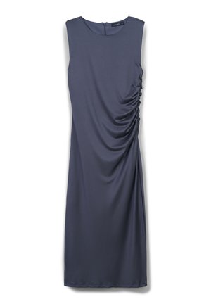 Ärmelloses graues Kleid mit Rundhalsausschnitt und Raffung an der Seite, aus glattem Stoff, knielang. Mit Reißverschluss im Rücken.