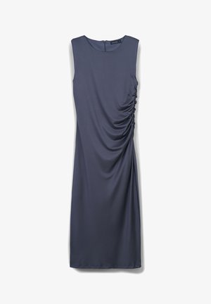 Ärmelloses graues Kleid mit Rundhalsausschnitt und Raffung an der Seite, aus glattem Stoff, knielang. Mit Reißverschluss im Rücken.