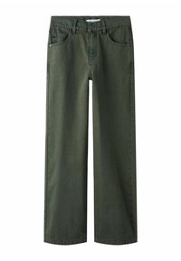 Pantalons droit olive avec passants de ceinture, poches avant, bouton et fermeture éclair.