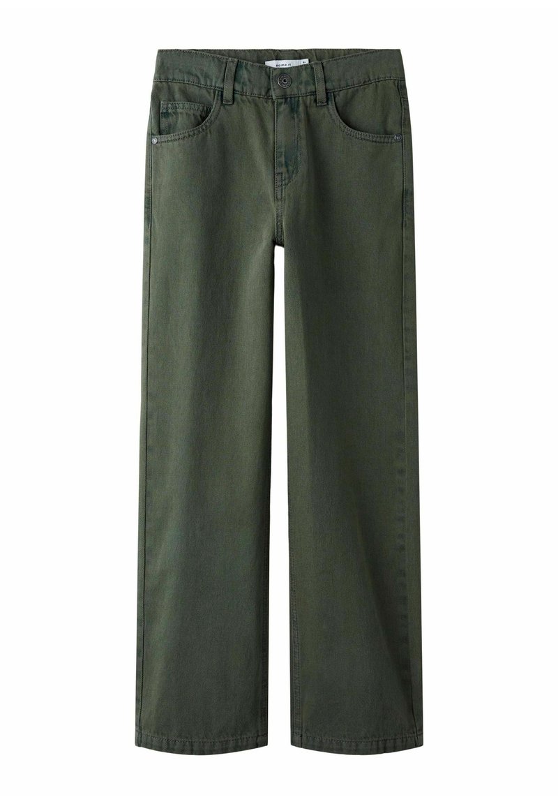 Pantalons droit olive avec passants de ceinture, poches avant, bouton et fermeture éclair.