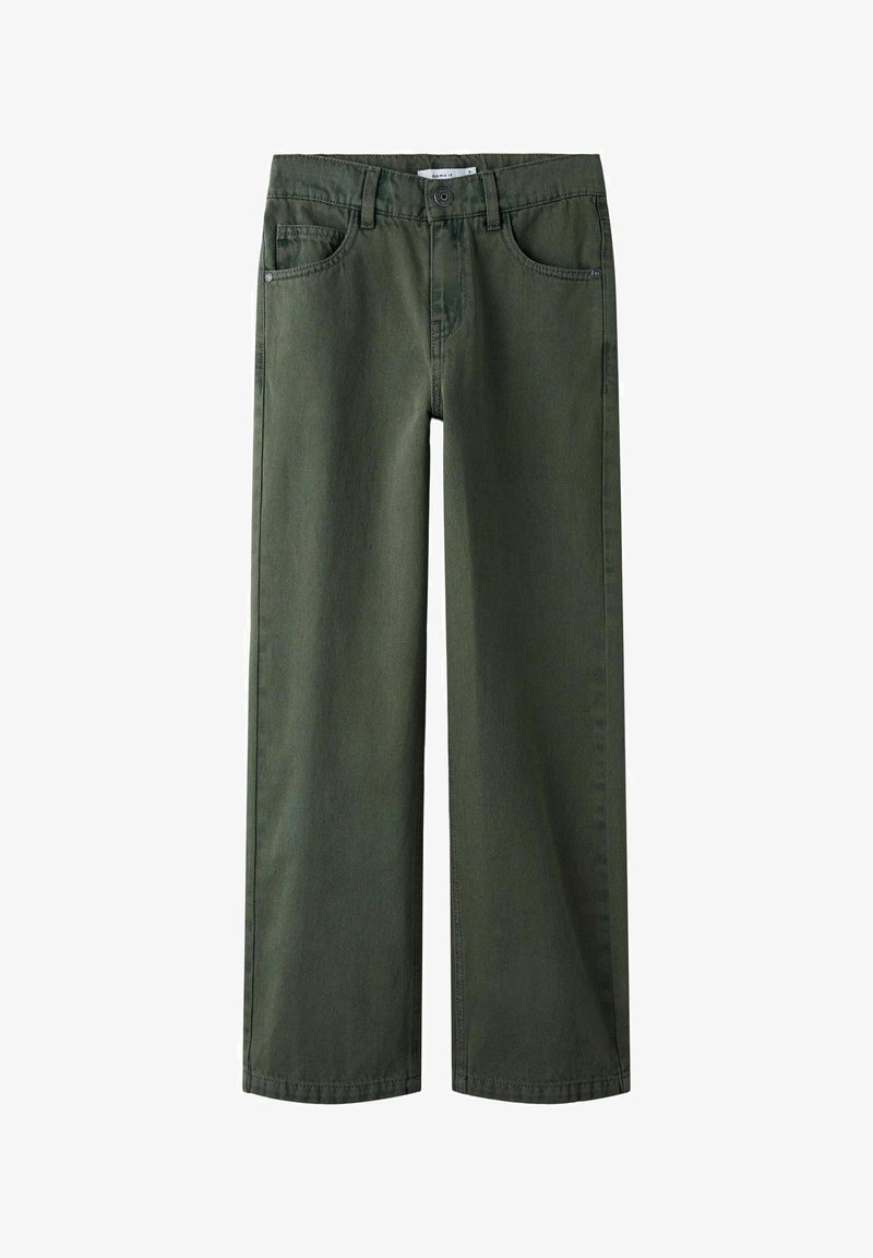 Pantalons droit olive avec passants de ceinture, poches avant, bouton et fermeture éclair.