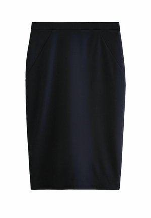 Gonna a matita navy realizzata in tessuto liscio. Presenta un design aderente con tasche frontali e una zip invisibile sul retro. Silhouette semplice e moderna.