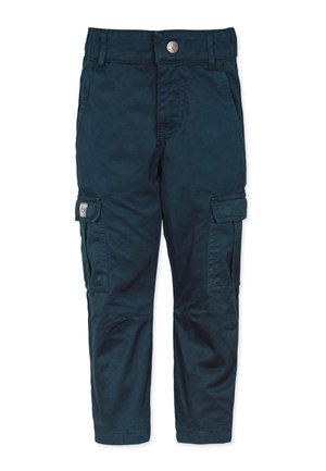 Marine cargobroek van lichtgewicht stof, met een knoopsluiting en zijzakken met flap, rechte pijpdesign, gladde textuur.