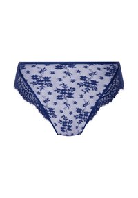 Marineblauwe kanten onderbroek met bloemenpatroon, doorschijnende textuur, gegolfde randen en delicate details langs de tailleband en de beenopeningen.