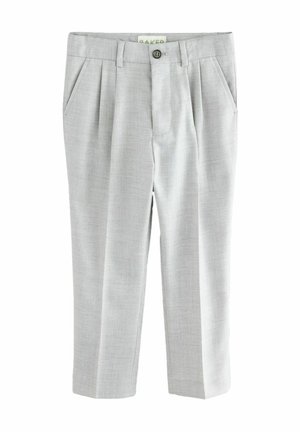 Pantalon formel gris clair avec plis sur le devant, poches latérales, passants pour ceinture et fermeture boutonnée à la taille.