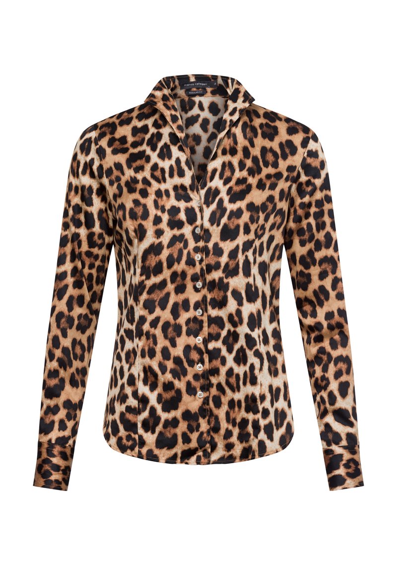 Blusa a maniche lunghe con stampa leopardata, colletto e chiusura con bottoni, realizzata in un tessuto morbido e nei colori nero, marrone e beige.