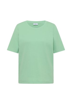 Kortærmet mellemgrøn ribstrikket T-shirt med rund halsudskæring og mærke "Cecil" ved kraven.