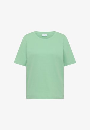 Korte mouw ribgebreide mintgroene T-shirt met ronde hals en merklabel "Cecil" bij de hals.
