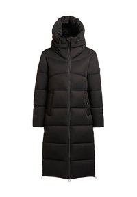 Sort puffjakke med høj krave og justerbar hætte, med en frontlynlås, to sidelommer og en knælængde design.