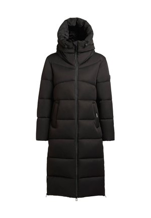 Schwarze Daunenjacke mit hohem Kragen und verstellbarem Kapuzen, ausgestattet mit einem Frontreißverschluss, zwei Seitentaschen und einem knielangen Design.