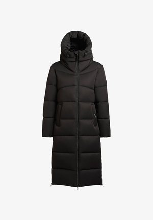 Manteau en duvet noir avec un col montant et une capuche ajustable, doté d'une fermeture éclair à l'avant, de deux poches latérales et d'une longueur jusqu'aux genoux.