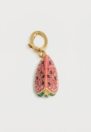 Kuldne klamber, mis on kinnitatud roosa emaili ja kristallidega kaunistatud ripatsile, mis on arbuusiviilu kujuga, mustade ja roheliste aktsentidega.