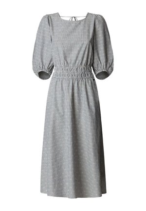 Abito midi con righe verticali bianche e nere, maniche a sbuffo a lunghezza gomito, vita arricciata e scollo rotondo con nastro sul retro.