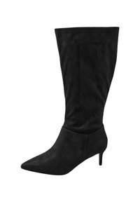 Stivale nero in suede alto fino al ginocchio, con punta affusolata, tacco sottile e texture liscia, caratterizzato da una silhouette aderente e dettagli di cucitura minimi.