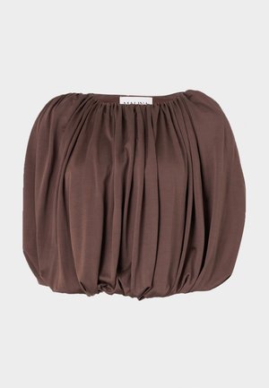 Brown puff-sleeve top made of soft fabric with pleated design, featuring a gathered neckline and rounded hem.