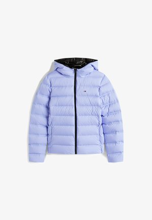 Light blue puffer jacket with a black hood lining, front zipper, and horizontal quilted design. Features a small logo on the chest.