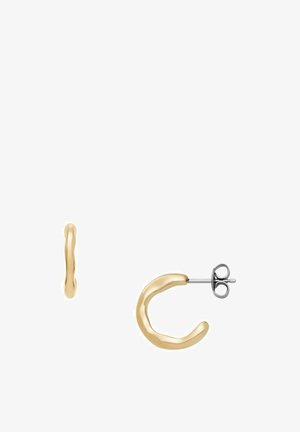 Kullattuja metallisia renkaankorviksia kaarevalla muotoilulla. Varustettu kiillottavalla pinnalla ja hopean sävyisellä nastakiinnityksellä turvallista käyttöä varten.