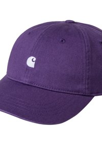 Lila Baumwollmütze mit gebogenem Schirm, vorne mit weißem Logo und sichtbaren Nahtdetails am Schirm und an den Seiten.