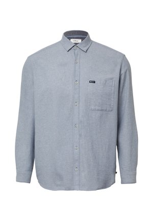 Lichtblauw overhemd met lange mouwen van gestructureerde stof, voorzien van een button-down kraag, een borstzak en een klein label op de zak.
