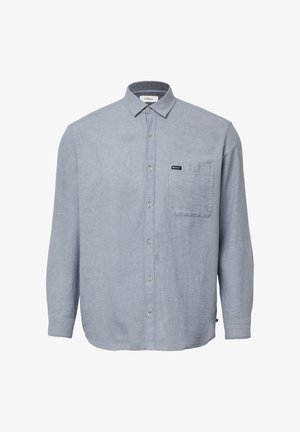 Lichtblauw overhemd met lange mouwen van gestructureerde stof, voorzien van een button-down kraag, een borstzak en een klein label op de zak.