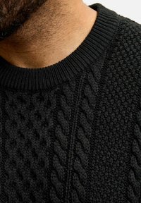 Black knitted sweater with a textured pattern, featuring a ribbed round neckline and a prominent cable knit design along the sides.