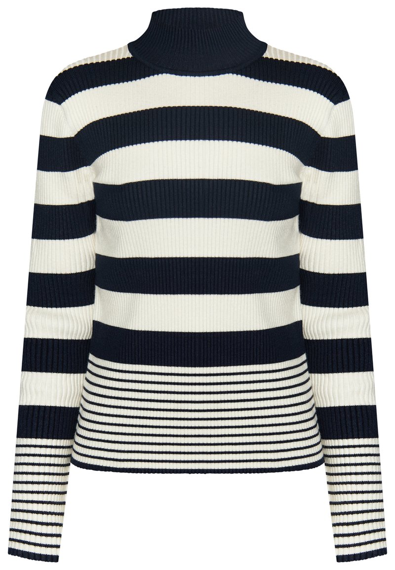 Gestreifter Rollkragenpullover in Marineblau und Creme. Verfügt über lange Ärmel und ein tailliertes Design mit variierenden Streifenbreiten.
