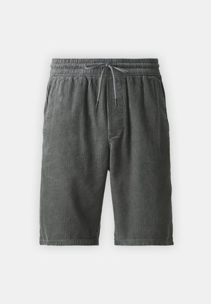 Graue Cordshorts mit einem elastischen Bund, Zugbandverschluss, Seitentaschen und vertikaler Rippstruktur.