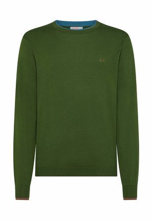 Maglione lavorato a maglia verde scuro con scollo a girocollo, polsini e orlo a costine, rifinito con profilo blu e un piccolo logo sul petto.