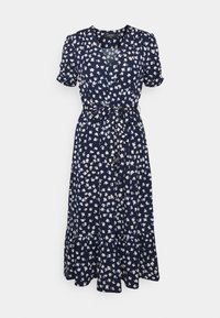 Laivansiniset kukkamekko lyhyillä puffihattuilla, V-kaula-aukolla, vyötärösoljella ja liehuvalla hameella, jonka helmaa koristaa röyhelö. Valkoinen kukkakuosi.