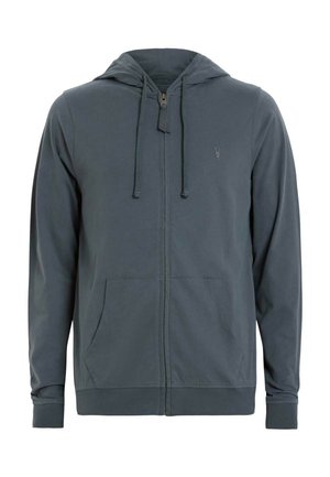 Grauer Reißverschluss-Hoodie aus weichem Material, mit einer Kapuze mit Kordelzug, zwei Vorderaschen und einem kleinen gestickten Logo auf der Brust.