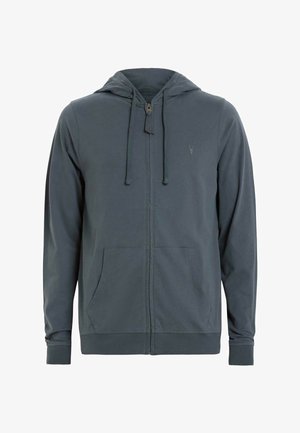 Grå zip-up hoodie i mjukt material, med dragsko i huvan, två framfickor och en liten broderad logotyp på bröstet.
