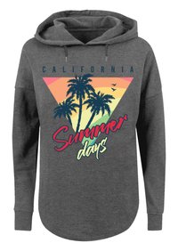 Heather gray hoodie with a front graphic featuring a triangle, palm trees, and sunset colors; text reads "CALIFORNIA Summer days."