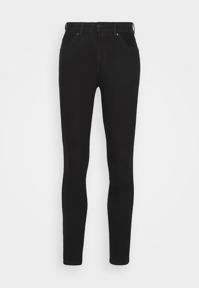 Jeans skinny de mezclilla negra con una cintura alta, diseño clásico de cinco bolsillos y detalles de costura mínimos, que ofrecen una textura suave y elegante.
