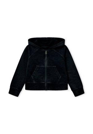 Sudadera negra con cremallera, bolsillo frontal tipo canguro y mangas largas, mostrada sobre un fondo blanco.