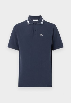 Marineblå bomuldspolo med tre-knaps stolpelukning, hvidstribet krave og lille hvidt logo på brystet.