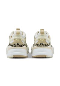 Beige and white sneakers with a textured back, mesh and suede materials, rounded shape, and a leopard print accent on the sides.