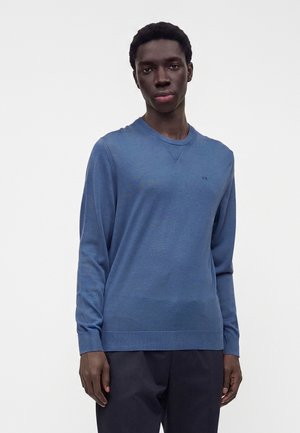 Jeune homme portant un pull bleu uni à manches longues et un pantalon foncé, debout devant un fond blanc.