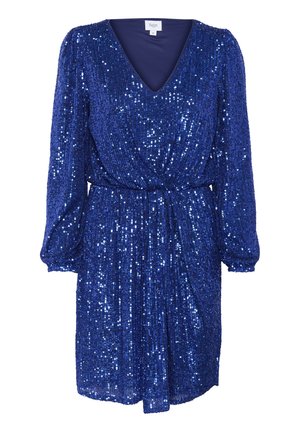 Sequined dress in deep blue with a V-neckline, long puff sleeves, and a gathered waist. Smooth texture with shimmering details throughout.